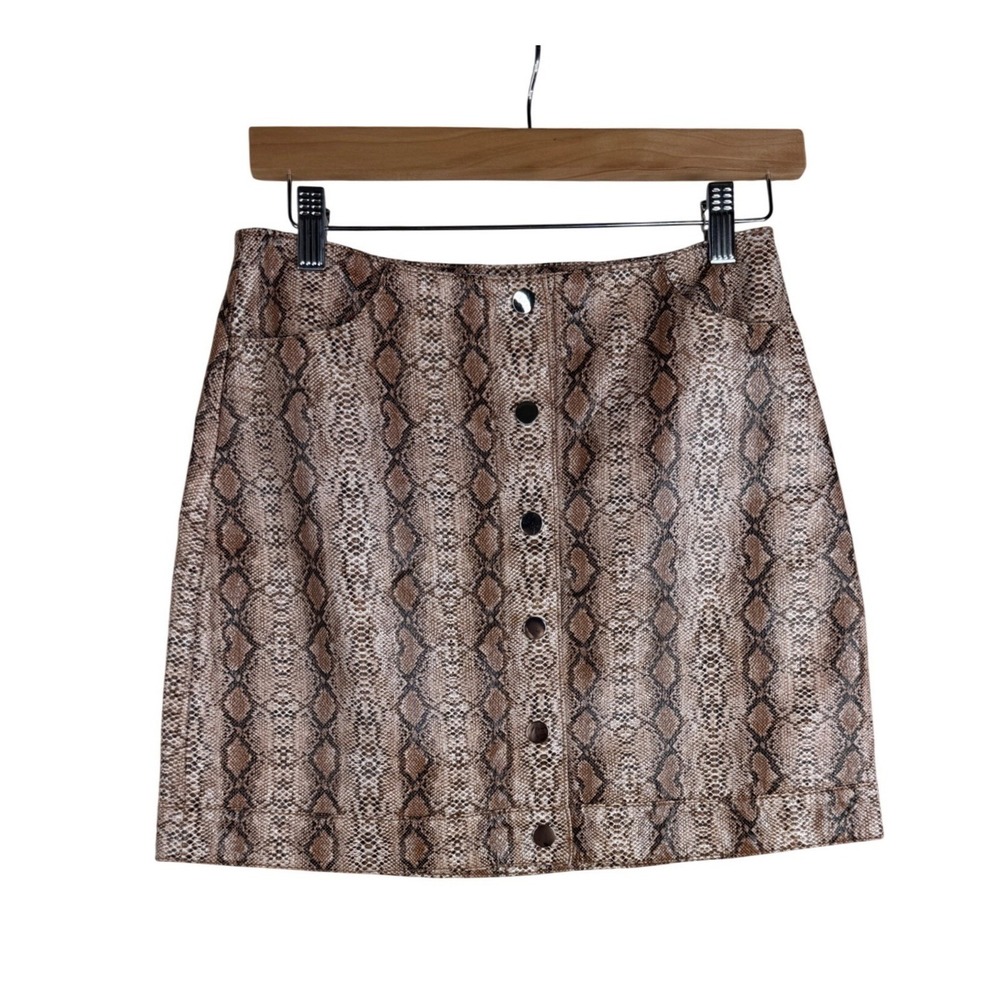 TOPSHOP Women's Faux Leather Snakeskin Button Front Mini Skirt Size 4 Brown